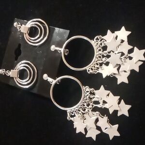 Silver plated clip on earrings. Stars hoops stacked circle links. 2 pair